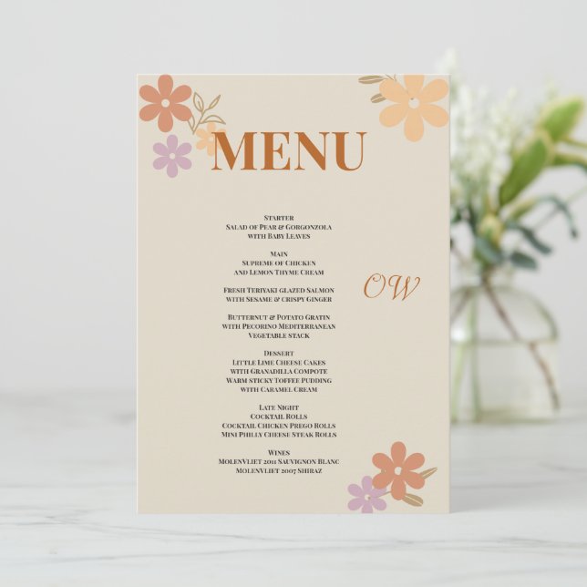Elegant Boho Floral Wedding Menu Invitation (Standing Front)