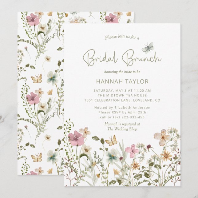 Elegant Boho Floral Wildflower Bridal Brunch Invitation (Front/Back)