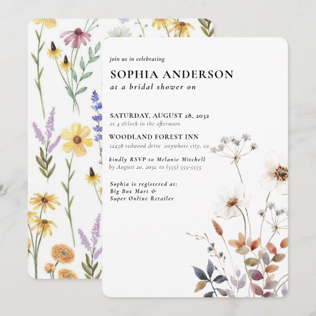 Elegant Boho Floral Wildflower Bridal Shower Invitation (Front/Back)