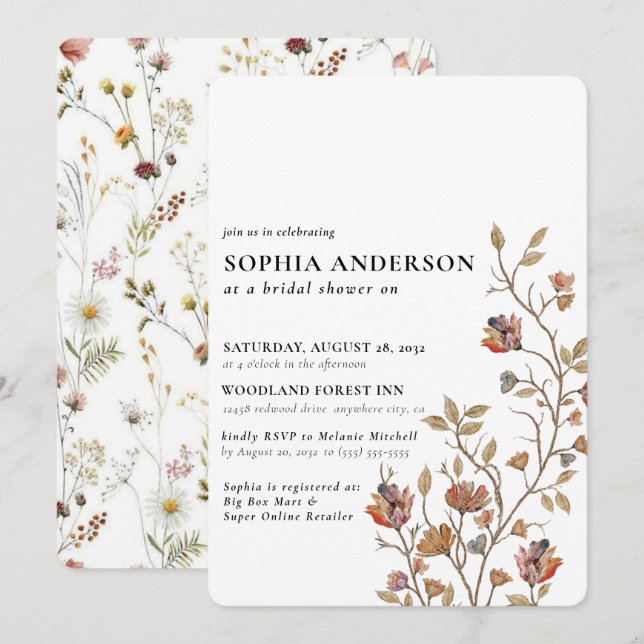 Elegant Boho Floral Wildflower Bridal Shower Invitation (Front/Back)