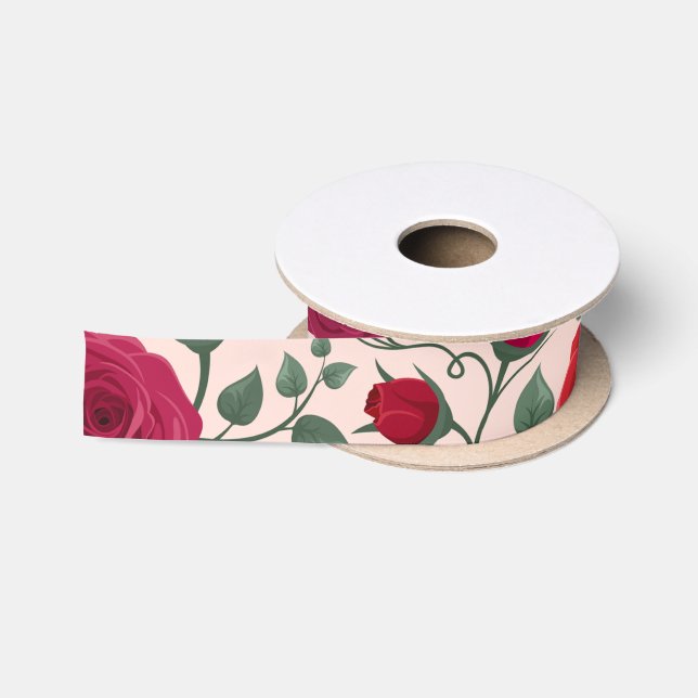 Elegant Boho Floral Wildflower  Red Satin Ribbon (Spool)