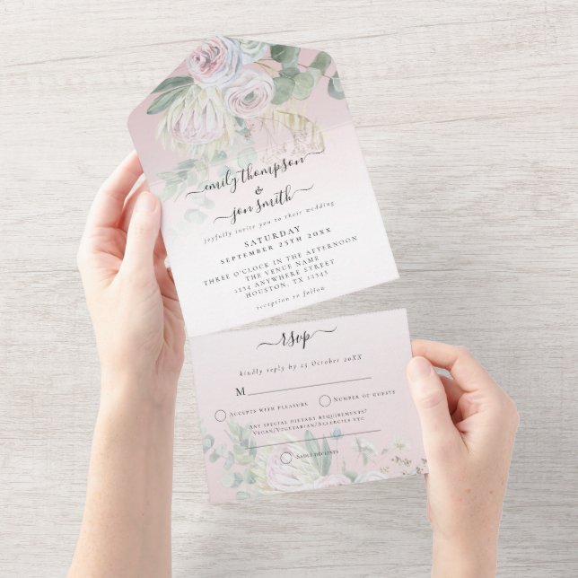 Elegant Boho Florals Eucalyptus Dusty Rose Wedding All In One Invitation (Tearaway)