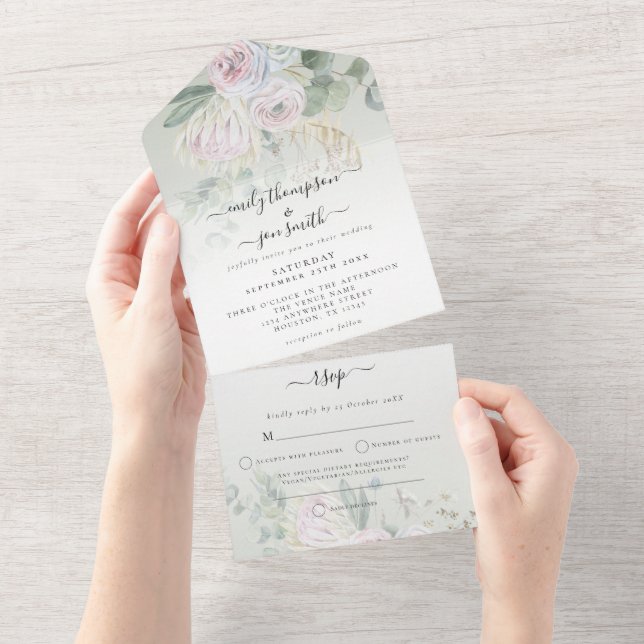 Elegant Boho Florals Eucalyptus Sage Wedding All In One Invitation (Tearaway)