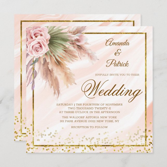 Elegant Boho Framed Gold Foil Pampas Grass Wedding Invitation (Front/Back)