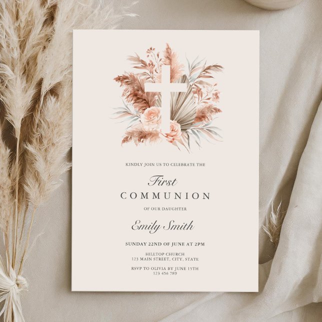 Elegant Boho Girl Floral First Communion Invitation (Creator Uploaded)