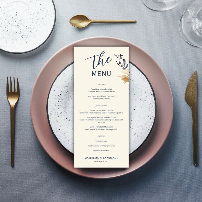 Elegant Boho Gold Foliage Blue Script Wedding Menu (Elegant Boho Gold Foliage Blue Script Wedding Menu)