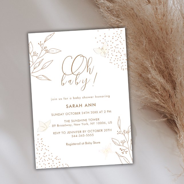Elegant Boho Gold Leaves Butterfly Baby Shower Invitation (Elegant Boho Gold Leaves Butterfly Baby Shower Invitation)