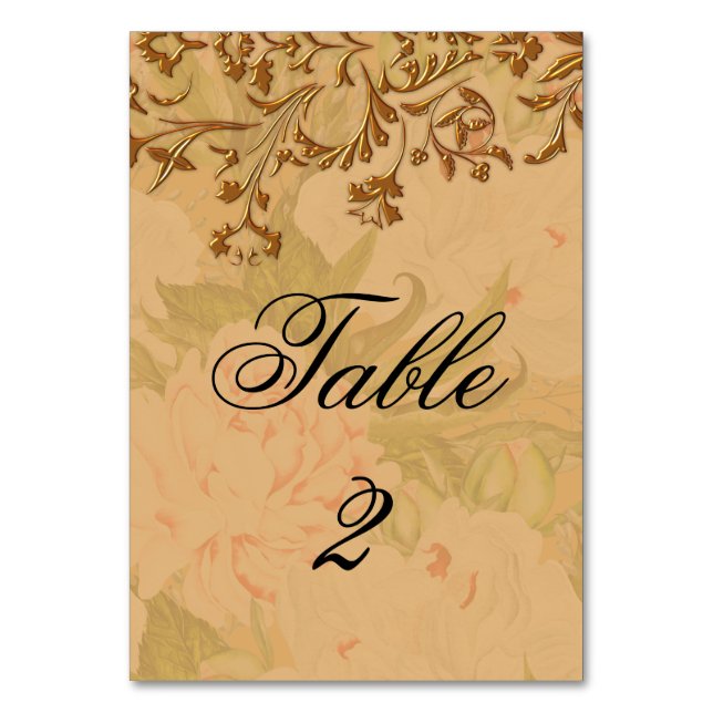Elegant Boho Gold Scrolls and Faded Peonies Table Number (Front)