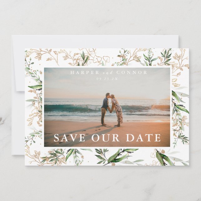 Elegant Boho Golden Sage Eucalyptus Greenery Photo Save The Date (Front)