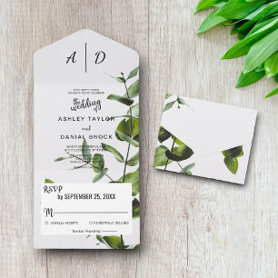 Elegant Boho Green Leaves Monogram Floral Wedding All In One Invitation