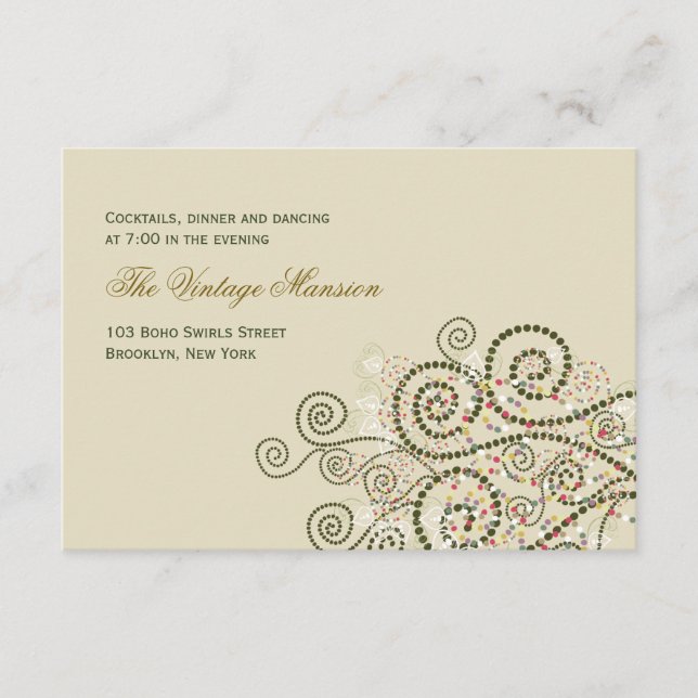 Elegant Boho Green Spirals Wedding Reception Card (Front)