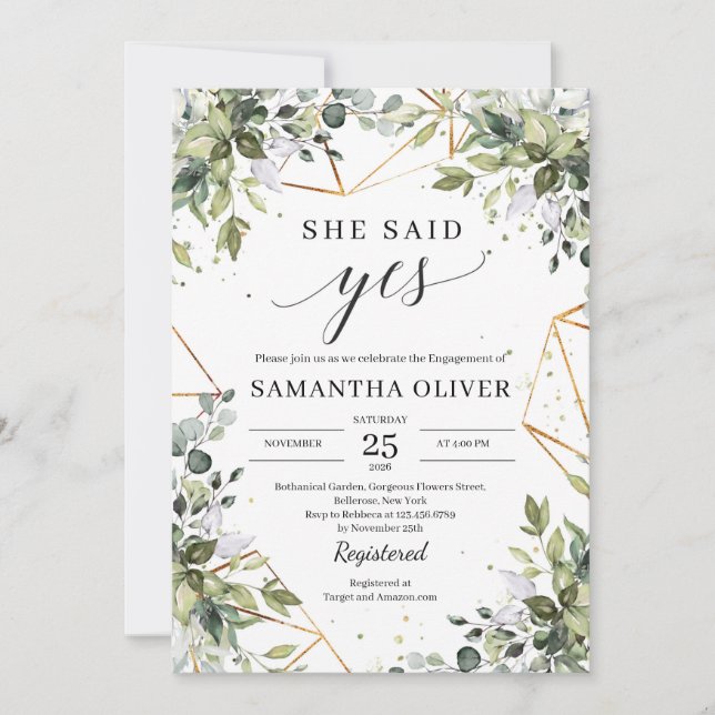 Elegant Boho greenery and gold frames she said yes Invitation (Front)