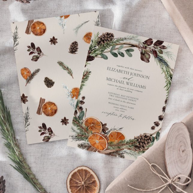 Elegant Boho Greenery Citrus Winter Wedding Invitation (Easily personalize this formal bohemian citrus invitation for the perfect fall or winter wedding)