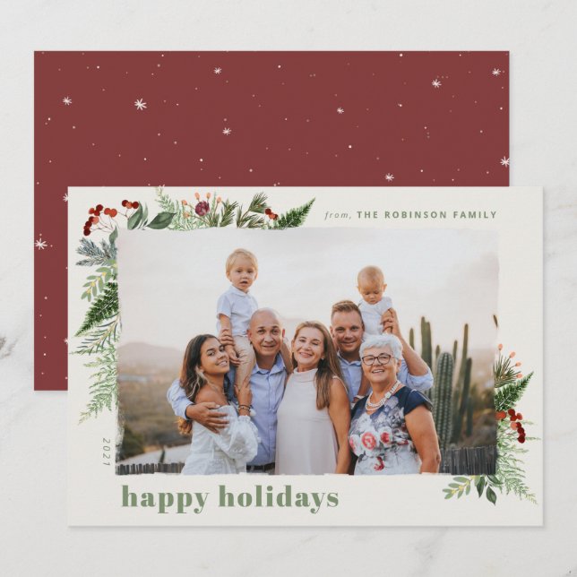 Elegant Boho Greenery Dry Brush Effect Photo Holiday Card (Front/Back)