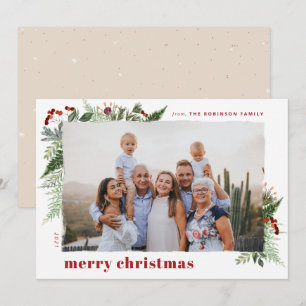 Elegant Boho Greenery Dry Brush Effect Photo Holiday Card