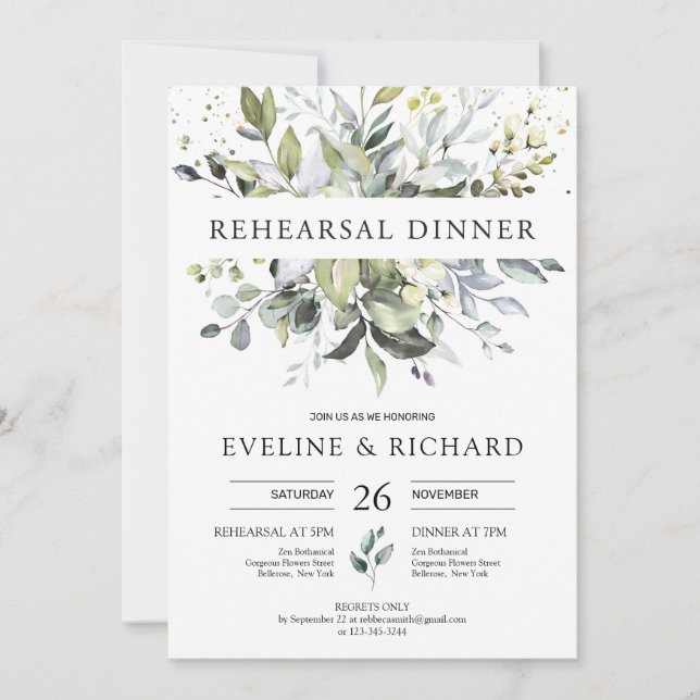 Elegant boho greenery foliage rehearsal dinner invitation (Front)