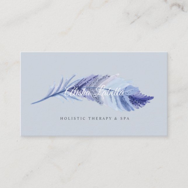Elegant Boho Grey & Dusty Blue Watercolor Feather Business Card (Front)