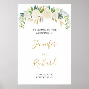 Elegant boho ivory floral gold wedding welcome poster