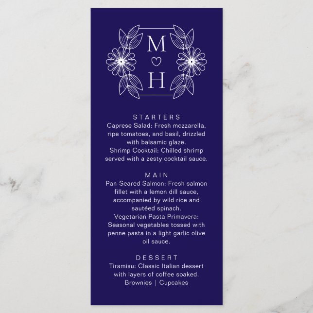 Elegant Boho Leaf Monogram Blue and White Wedding  Menu (Front)