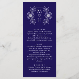 Elegant Boho Leaf Monogram Blue and White Wedding  Menu