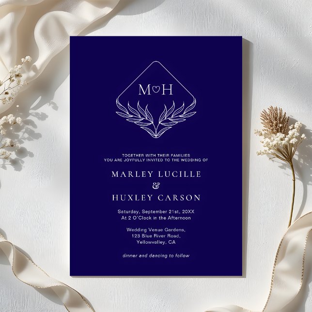 Elegant Boho Leaf Monogram Dark Blue Wedding Invitation (Creator Uploaded)