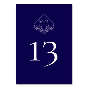 Elegant Boho Leaf Monogram Dark Blue Wedding Table Number