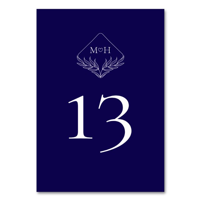Elegant Boho Leaf Monogram Dark Blue Wedding Table Number (Front)