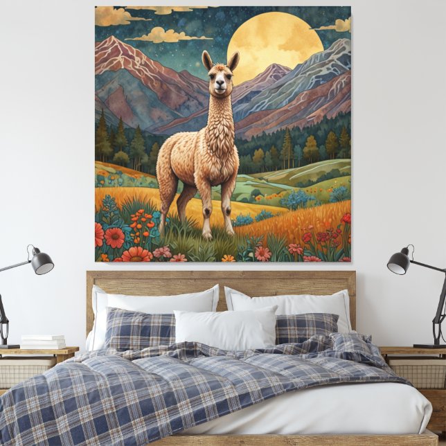 Elegant boho llama alpaca vintage landscape  canvas print (Insitu(Bedroom))