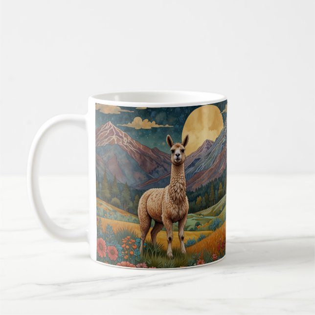Elegant boho llama alpaca vintage landscape  coffee mug (Left)