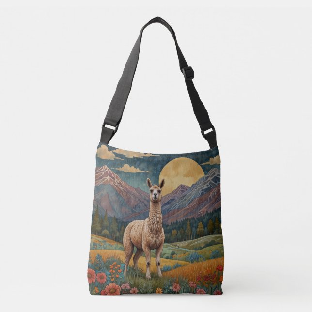 Elegant boho llama alpaca vintage landscape  crossbody bag (Front)