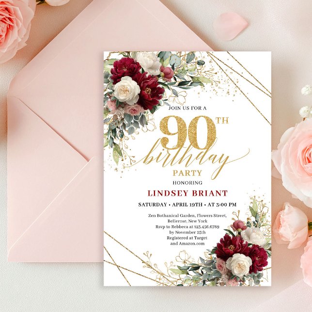 Elegant Boho Maroon White Roses Gold 90th Birthday Invitation (Elegant Maroon White Roses Gold 90th Birthday Invite)