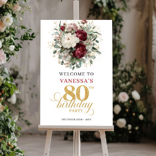 Elegant Boho Marsala 80th Birthday Welcome Sign