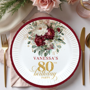 Elegant Boho Marsala Floral 80th Birthday Paper Plate