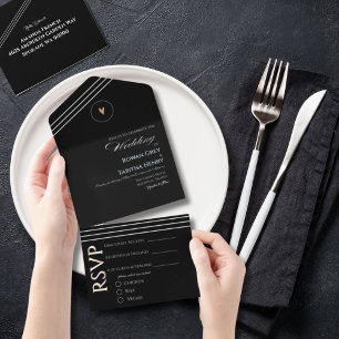 Elegant Boho Minimalist Black & White Wedding All In One Invitation