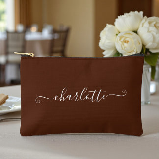 Elegant Boho Minimalist Bridesmaid Name | Brown Accessory Pouch