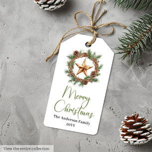 Elegant Boho Minimalist Pine Wreath Holiday Tags