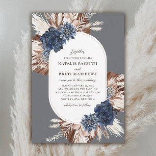 Elegant Boho Navy and Brown Florals Oval Wedding  Invitation