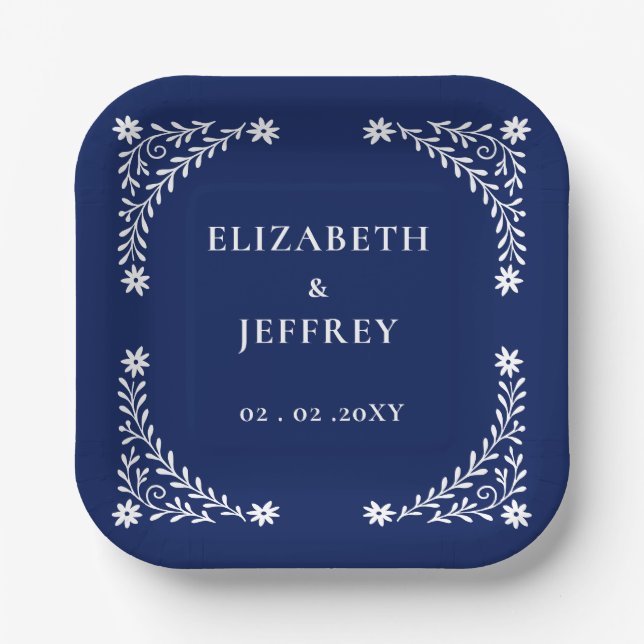 Elegant Boho Navy Floral Wedding  Paper Plate (Front)