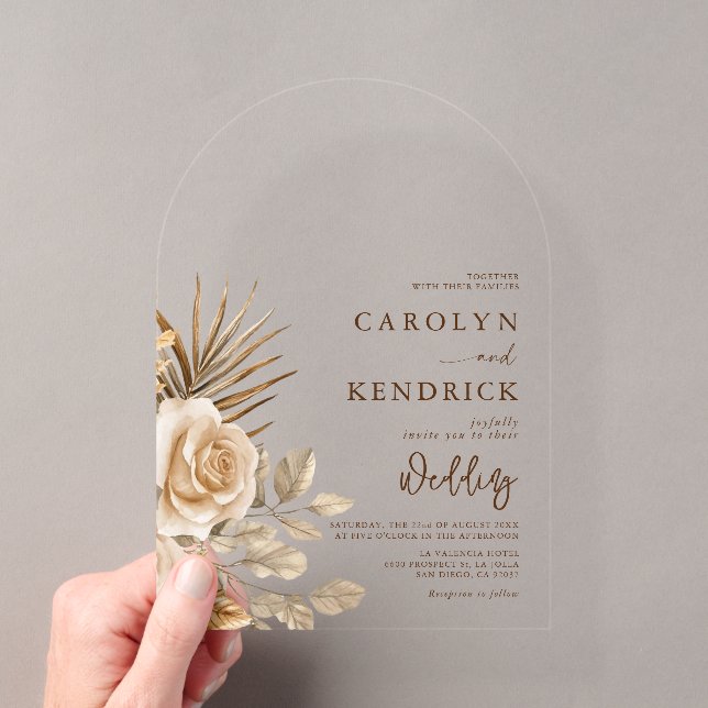 Elegant Boho Neutral Floral Accents Arch Wedding Acrylic Invitations (Insitu (Handheld))