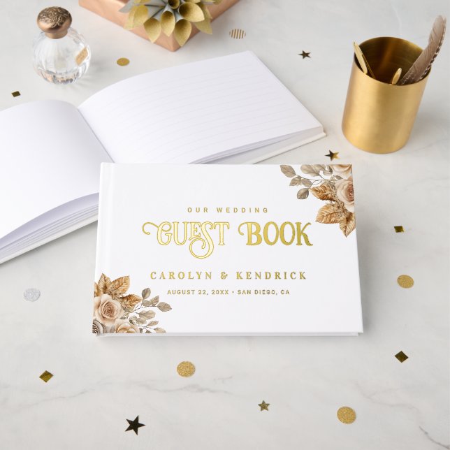 Elegant Boho Neutral Floral Accents Wedding Gold Guest Book (Front Open)