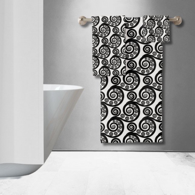 Elégant Boho noir blanc botanique boucles de feuil (Elegant Boho Black White Botanical Fern Leaf Curls Bath Towel Set)
