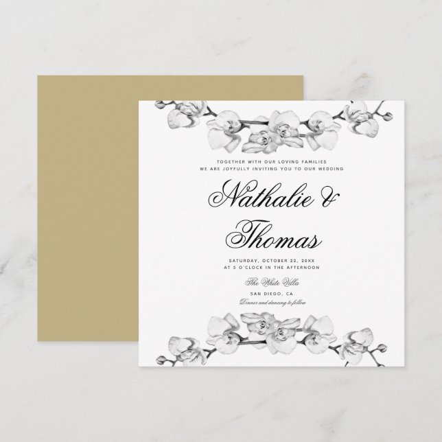 Elegant Boho Orchids Black White Unique Wedding Invitation (Front/Back)