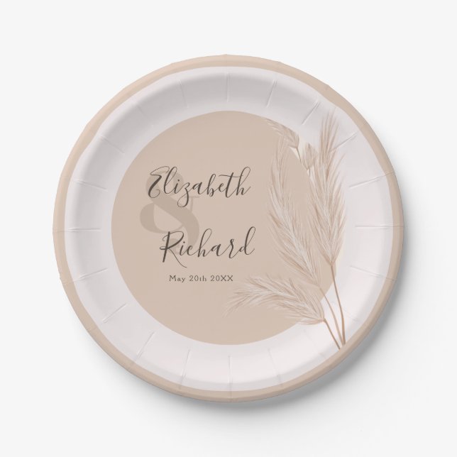 Elegant Boho Pampas Grass Modern Wedding Paper Plate (Front)