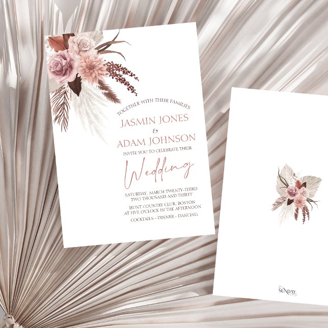 Elegant Boho Pampas Grass Terracotta Wedding Invitation (Boho Dusty Pink Dried Flowers Pampas Grass Wedding Invitation)