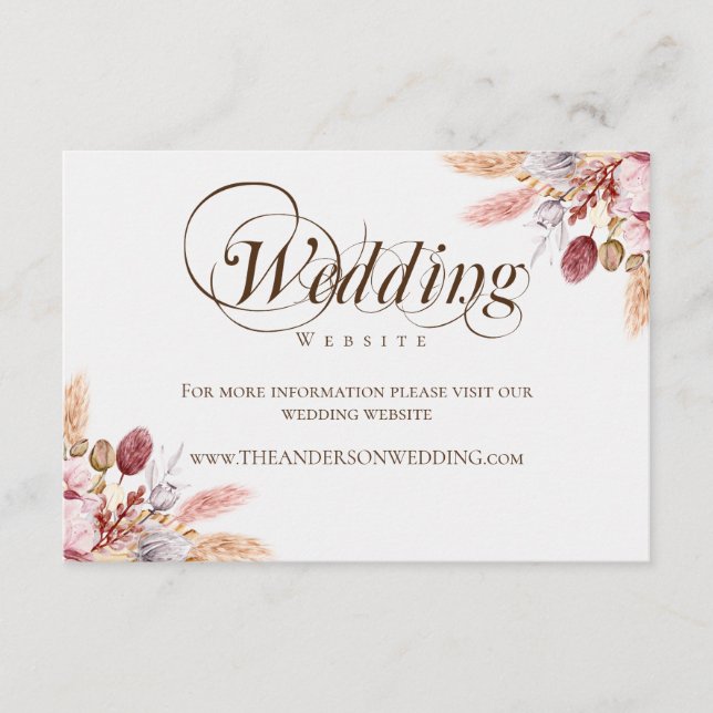 Elegant Boho Pampas Grass Wedding Website Enclosure Card (Front)