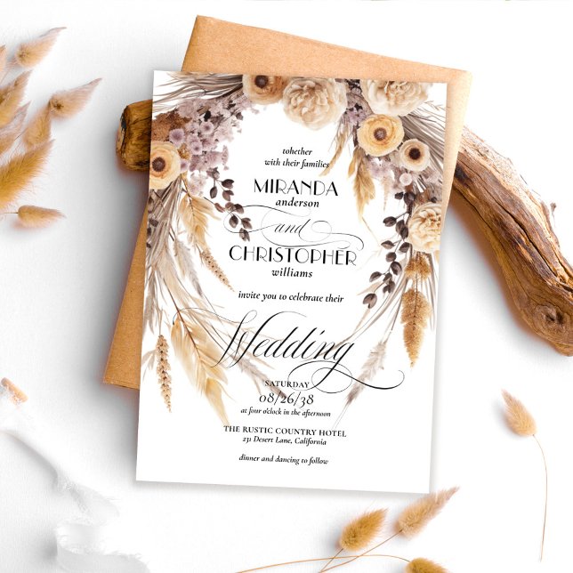 Elegant Boho Pampas Grass Wreath Rustic Wedding Invitation (Creator Uploaded)