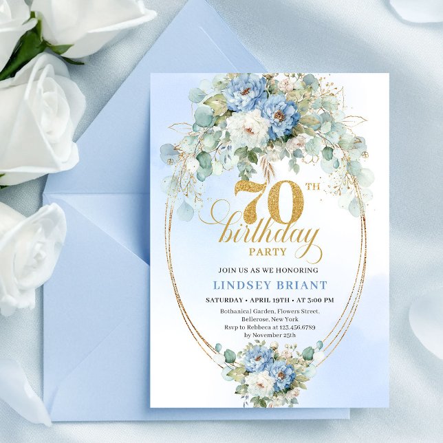 Elegant Boho Pastel Blue Peonies 70th Birthday   Invitation (Elegant Boho Pastel Blue Peonies 70th Birthday Invite)