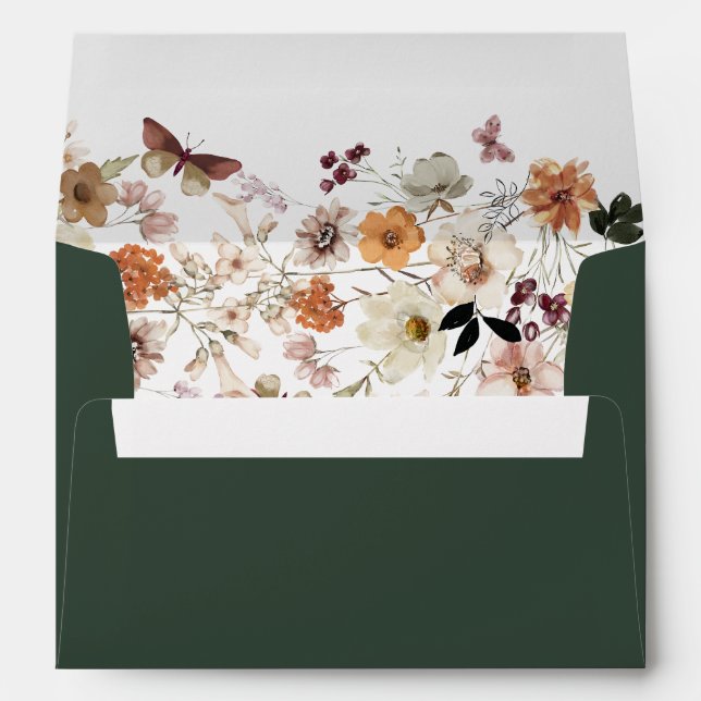 Elegant Boho Pastel Wildflower Dark Green Wedding Envelope (Back (Bottom))