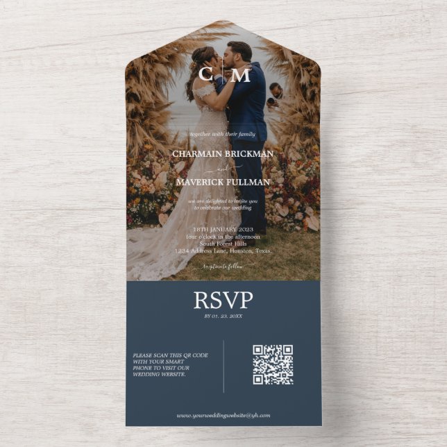 Elegant Boho Photo Navy Blue RSVP Wedding All In One Invitation (Inside)