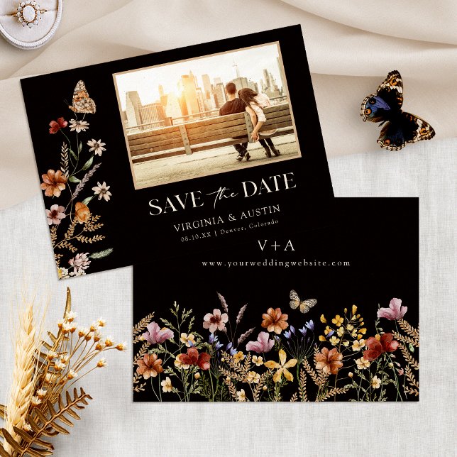 Elegant Boho Photo Save The Date (Elegant Black Wildflower Boho Photo Save The Date Monogrammed by Painted Paperie
)